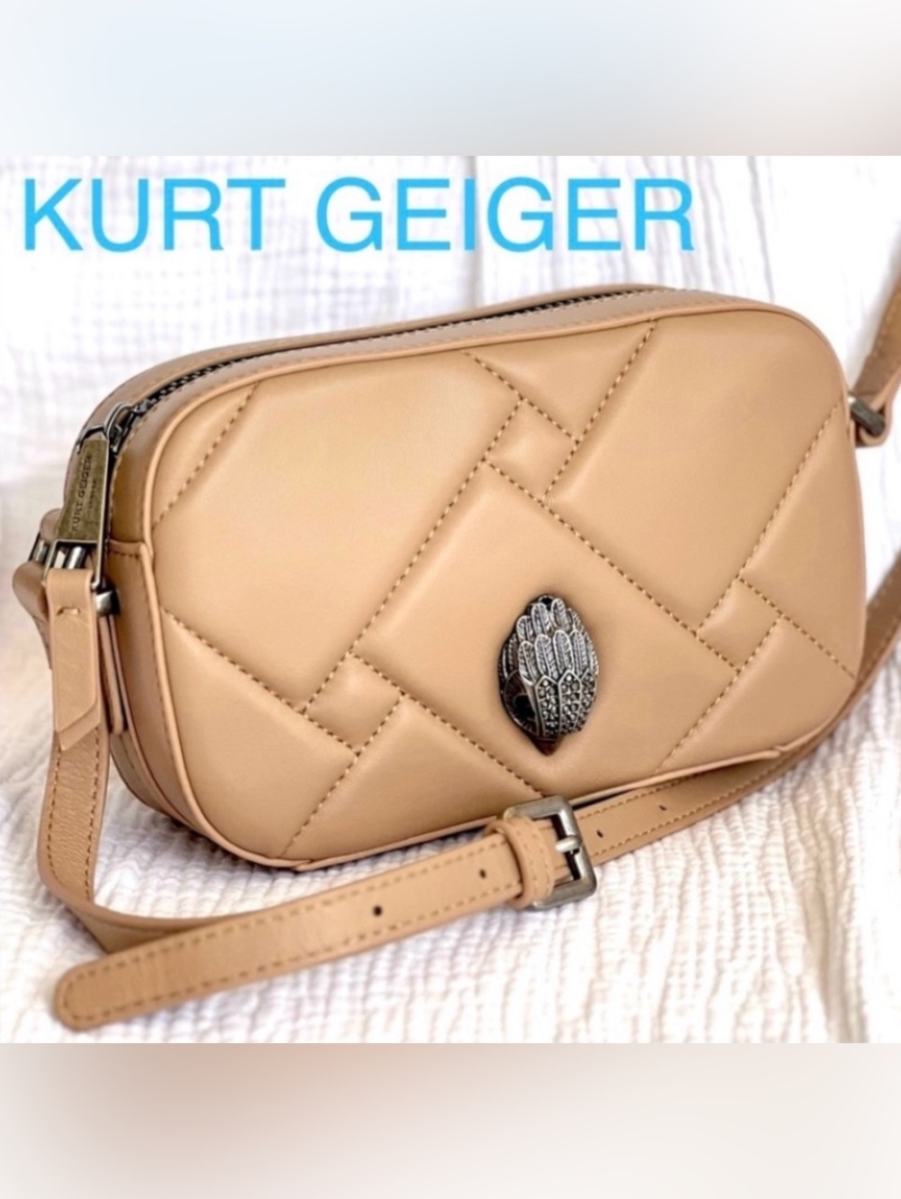 KURT GEIGER Kensington Small Quilted Leather Camera crossbody Bag CAMEL